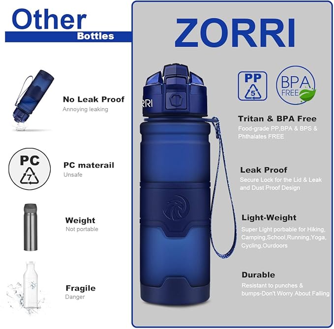 ZORRI Sports Water Bottle, 400/500/700ml/1L, BPA Free Leak Proof Tritan Lightweight Bottles for Outdoors,Camping,Cycling,Fitness,Gym,Yoga- Kids/Adults Drink Bottles with Filter, Lockable Pop Open Lid