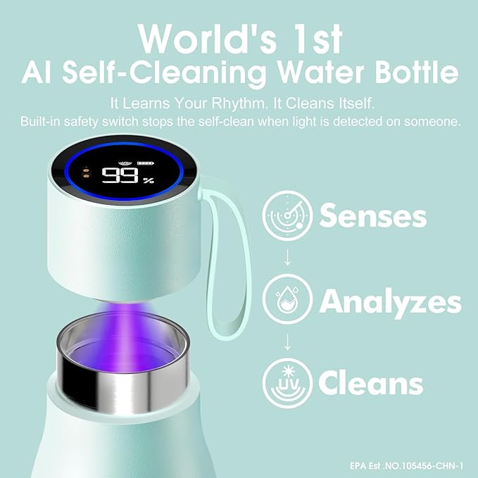 VSITOO 15oz Smart Self Cleaning Water Bottle，Insulated Water Bottle with Stainless Steel, BPA-Free, AI Self-Clean, 30-Day Battery, Magnetic Charging for Travel, Gym or Office, Blue
