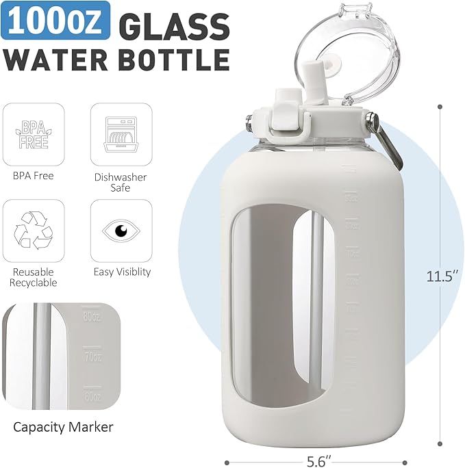 BLUEGO 100 oz Glass Water Bottle with Straw, Huge 3 Liter Water Bottle with Sturdy Handle, Glass Water Jug with Sleeve, Wide Mouth Water Container with Time Marker, White