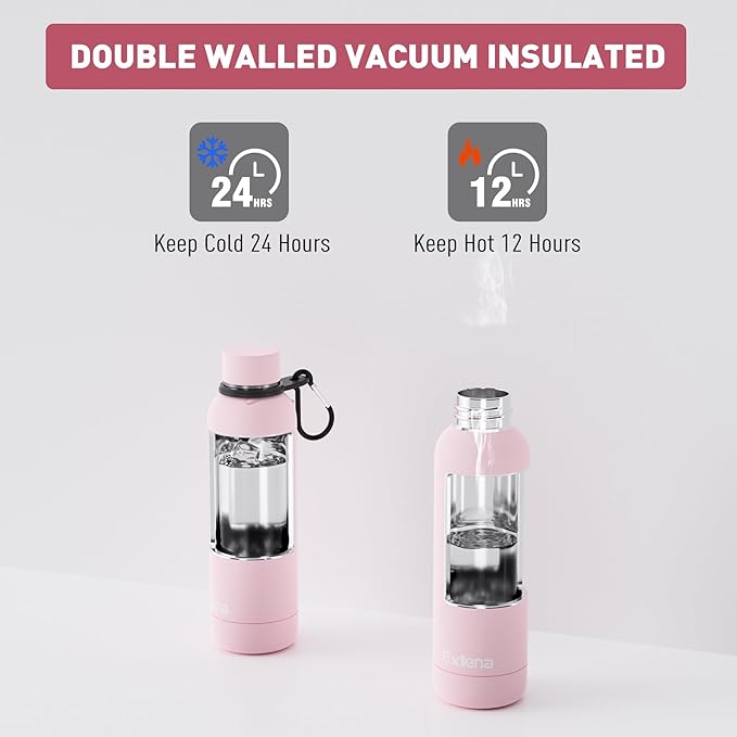Exllena Slim Insulated Water Bottles for Travel 18oz with Clip, Double Wall Vacuum Stainless Steel Water Bottle Keeps Drinks Cold 24 Hrs/Hot 12 Hrs, 100% Leakproof, BPA Free(Pink)