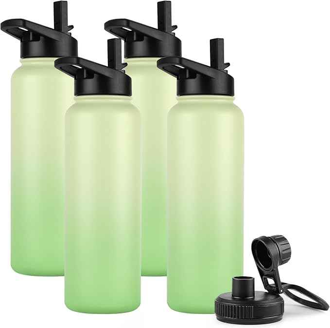 DOMICARE 40 oz Insulated Water Bottle Bulk, Vacuum Insulated Stainless Steel Sports Water Bottle with Straw Lid & Spout Lid, Leakproof, Reusable - Travel, Camping, Bike, Green Gradient (4 Pack)