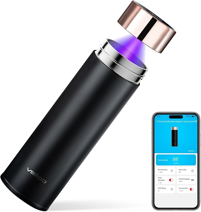 Vsitoo Smart self cleaning Insulated Water Bottle, 15oz Stainless Steel Vacuum Flask, AI Self-Clean, 30-Day Battery Life, BPA-Free, Magnetic Charging, Portable Travel Mug Gifts for Men Women, Black
