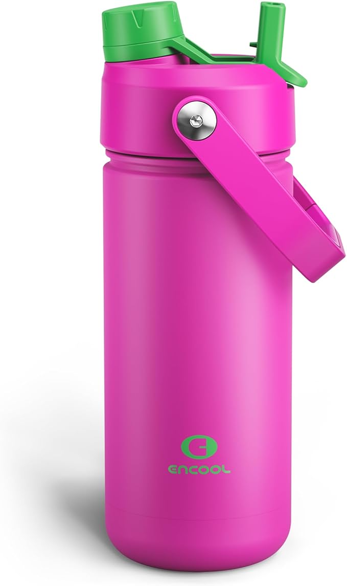ENCOOL Insulated Water Bottle with Straw Stainless Steel Water Bottle, Leak-Proof, BPA-Free, Double Wall Vacuum Keeps Cold for 24 Hours for Sports, Travel, School (18 oz, Knockout Pink)