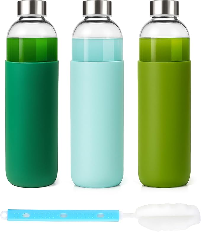 32 oz Glass Juice Bottles with Lids and Silicone Sleeve, Reusable Refillable Water Bottles for Juicing, Refrigerator,100% Leak Proof, BPA Free, Clear Glass Set of 3