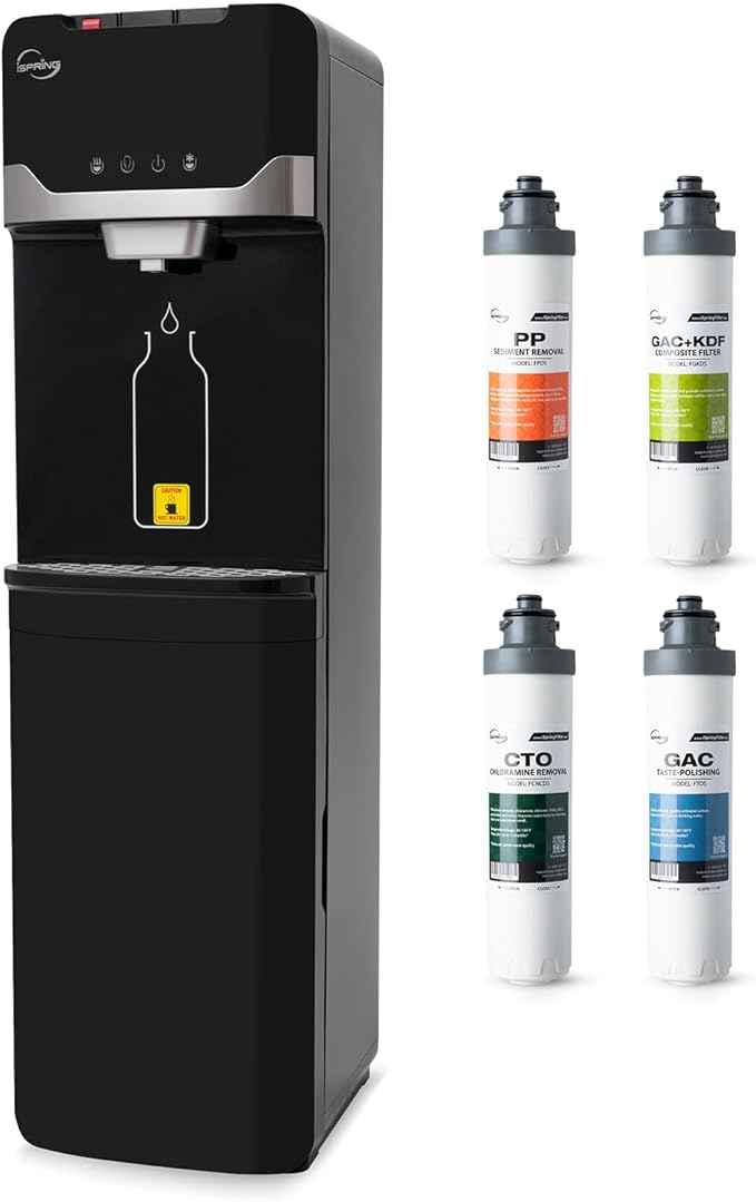 iSpring Bottleless Water Dispenser with Built-in 4-Stage Filtration, Chloramine Removal, Water Cooler Dispenser - Hot, Cold, Room Temp, Self Cleaning, Black，Model: DS4B-NC