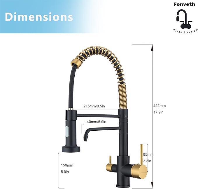 3 Way Kitchen Faucet, Drinking Water Faucet, Filter Kitchen Faucet for Water Filtration System, 3 in 1 Commercial Style Pull-Down 2 Handles, Black and Brushed Gold