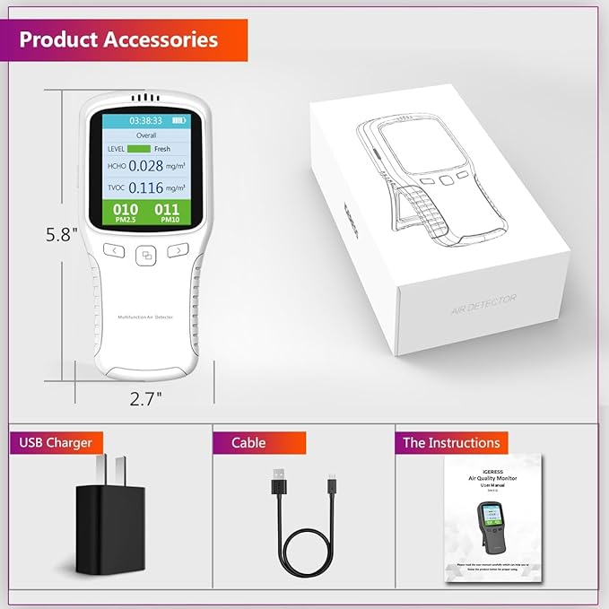 Air Quality Monitor Indoor, 5 in 1 Formaldehyde Detector, voc Meter, Detect Indoor HCHO,TVOC,AQI,PM2.5,PM10. Colorful LCD Screen & USB Charging