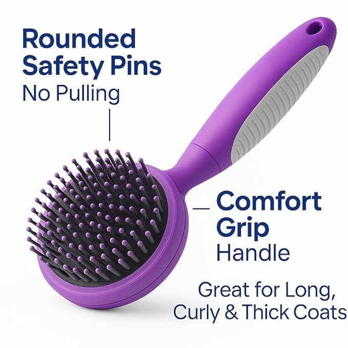 Round Bristle Pet Brush for Dogs and Cats - Soft Dog Brush for Grooming Short or Long Hair - Gentle Tool for Sensitive Skin Removes Dander, Dirt, and Detangles (Purple) - AquaVibe