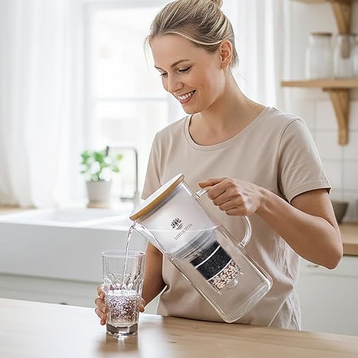 ENYA Glass Water Filter Pitcher (10-Cups Total) - Removes Impurities, Adds Minerals - BPA Free - Glass & Bamboo Design - Improves Water Quality, Taste, and Drinking Habits