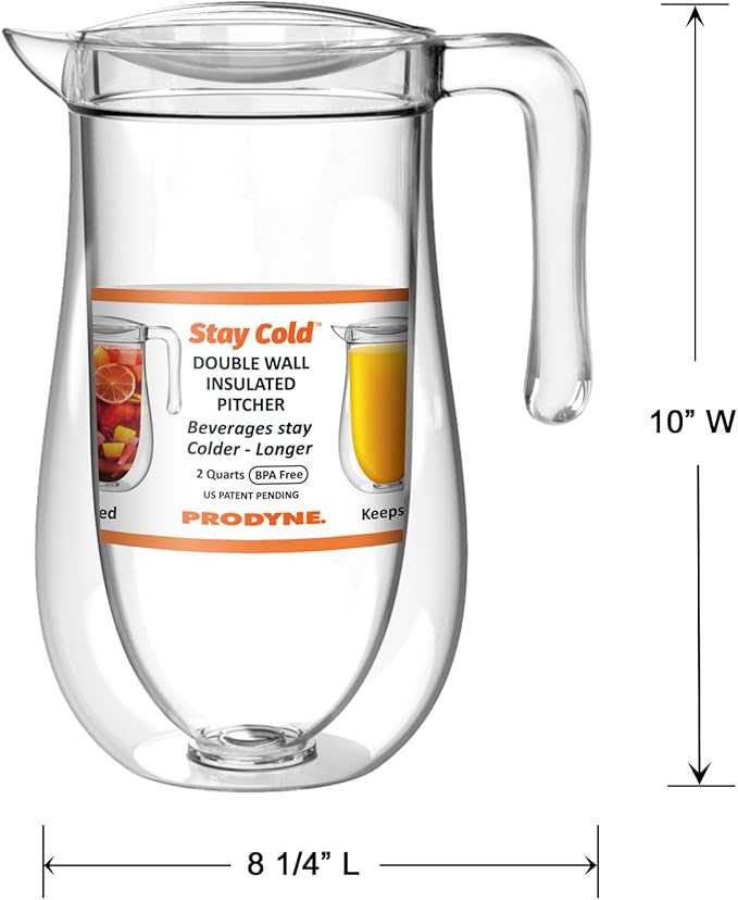 Prodyne Stay Cold Double Wall Insulated 64 oz. Pitcher with Lid, BPA Free SAN