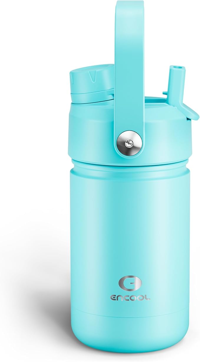 Kids Insulated Water Bottle with Straw - 12oz Stainless Steel Water Bottle with Dual Spouts, Leak-Proof, BPA-Free, Double Wall Vacuum Keeps Cold for 24 Hours for Sports, Travel (Aquamarine Blue)