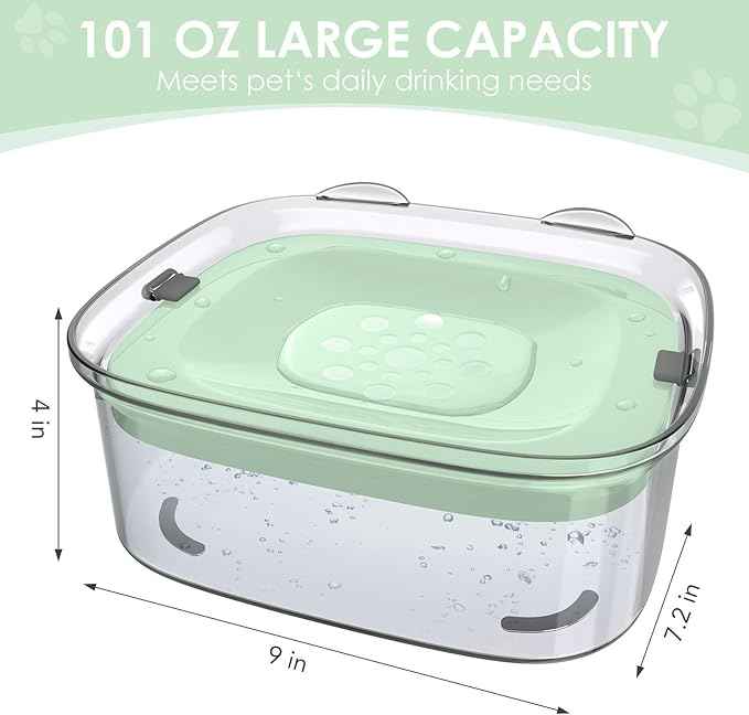 AONKEY 3L Dog Water Bowl No Spill, 101oz Large Spill Proof Dog Bowl Reduce Refill, Anti Splash No Mess Dispenser Dripless Slow Drinking Water Bowl for Sloppy Messy Drinkers (Sprout Green)