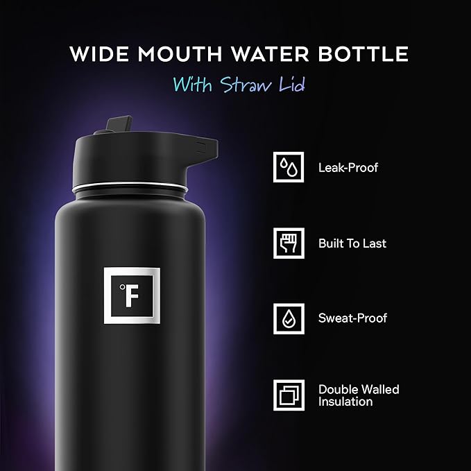 IRON °FLASK Camping & Hiking Hydration Flask with Straw, Wide Mouth Insulated Stainless Steel Sports Water Bottle - 40 oz Day & Night