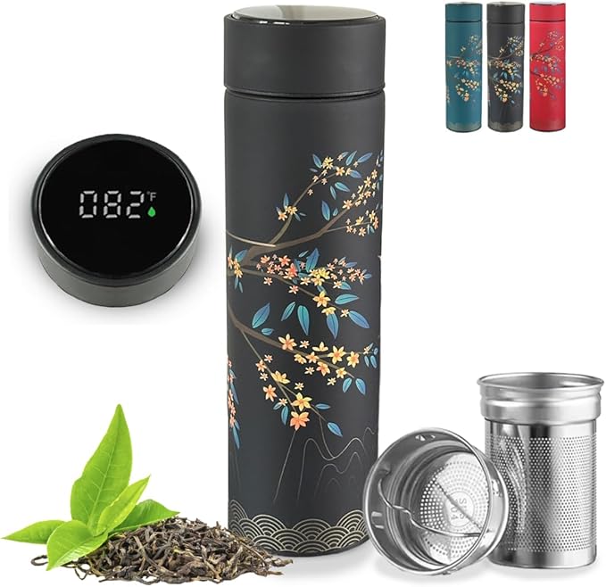 Farasi Tea Infuser for Loose Leaf Tea Smart Water Bottle with Fahrenheit Temperature Display, Stainless Steel Insulated Coffee and Fruit Tea Infuser Bottle - Floral Travel Tea Mugs 15 oz (Black)