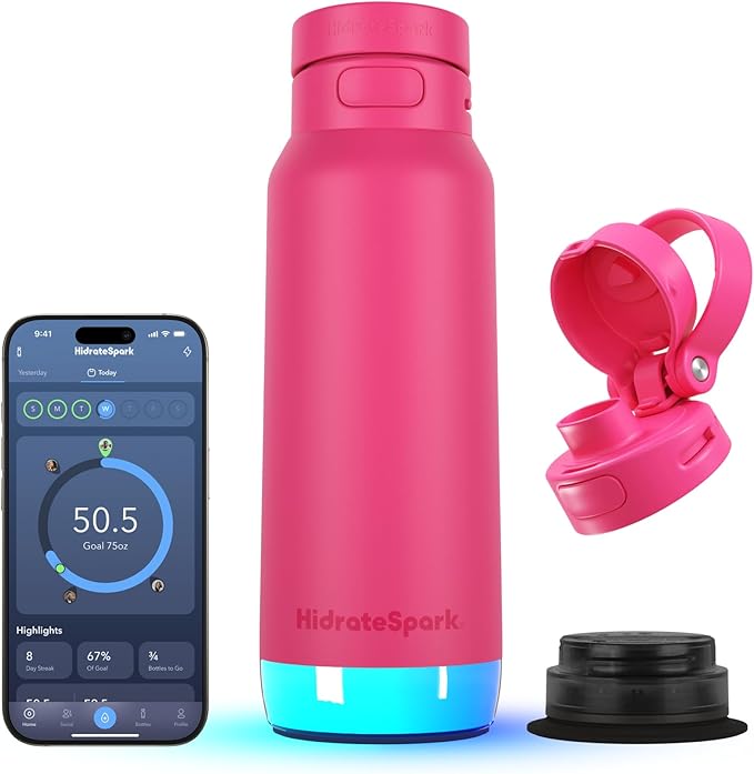 HidrateSpark PRO 2 32oz Bundle – Smart Hydration Bottle with Clinically Accurate Water Tracking & Extended Battery Life - Syncs with Apple Health, Fitbit, Smart Rings & Watches - Flamingo