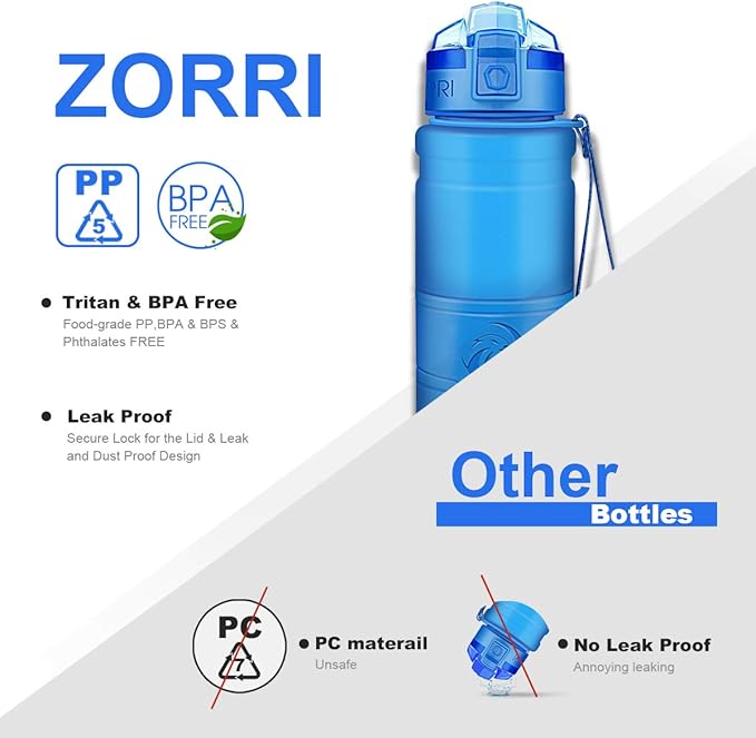 ZORRI Sports Water Bottle, 400/500/700ml/1L, BPA Free Leak Proof Tritan Lightweight Bottles for Outdoors,Camping,Cycling,Fitness,Gym,Yoga- Kids/Adults Drink Bottles with Filter, Lockable Pop Open Lid