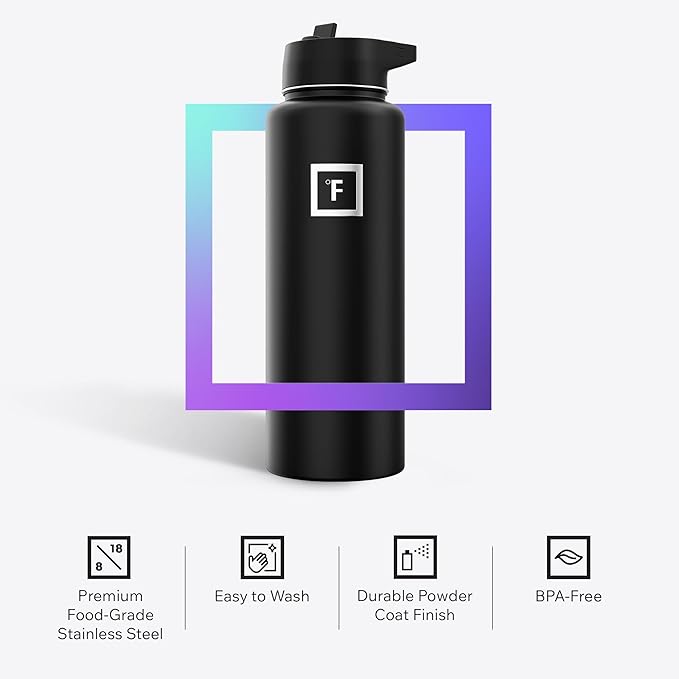 IRON °FLASK Camping & Hiking Hydration Flask with Straw, Wide Mouth Insulated Stainless Steel Sports Water Bottle - 40 oz Dark Night