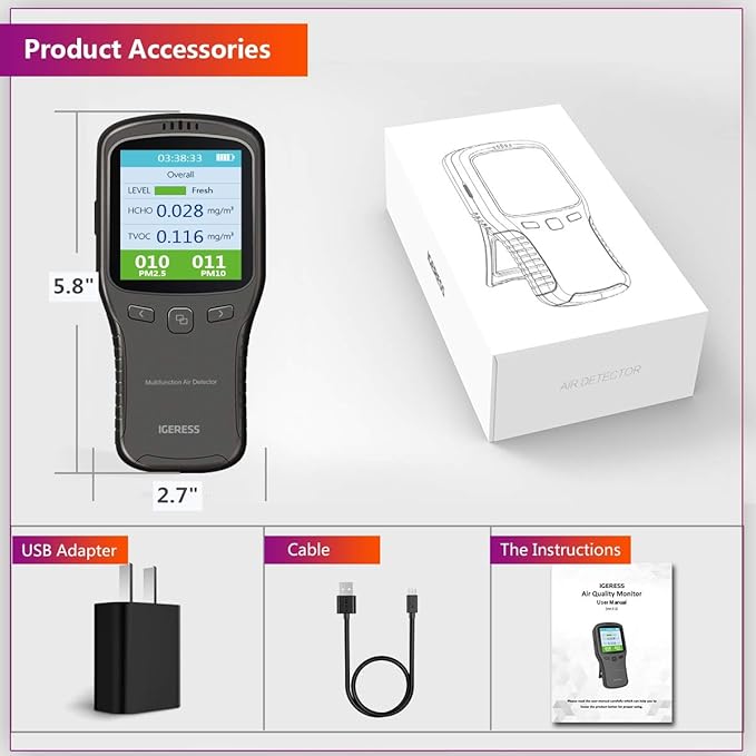 Indoor Air Quality Monitor, IGERESS Formaldehyde Detector, Pollution Monitor,Dust Tester, Detect Indoor HCHO/TVOC/PM2.5/PM10 (Gray)