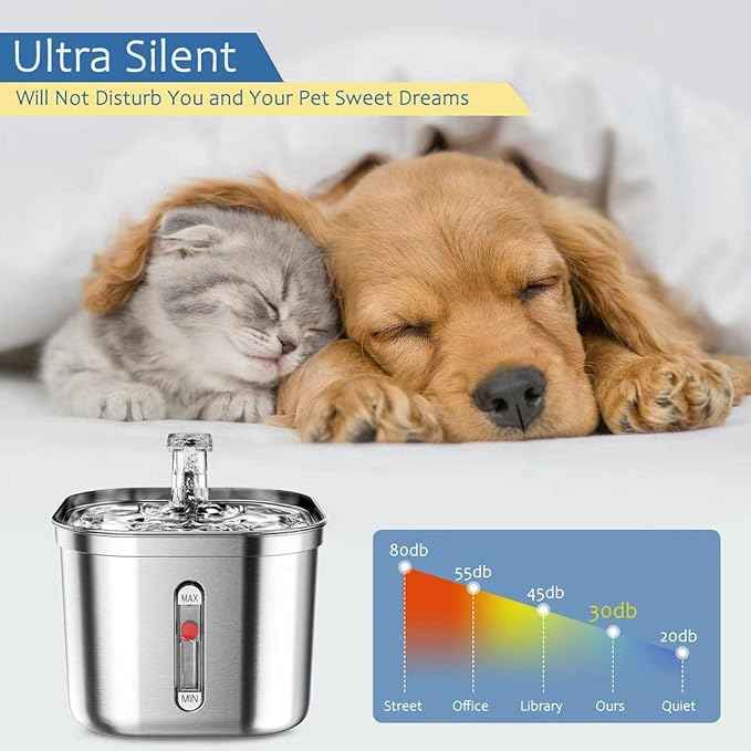 Cat Water Fountain - 2.2L/74oz - Automatic Pet Drinking Fountain for Cats Indoor with Ultra-Quiet Pump (Silver)