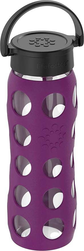 Lifefactory 22-Ounce BPA-Free Glass Water Bottle with Classic Cap and Protective Silicone Sleeve, Plum