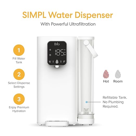 Brio SIMPL Countertop Water Dispenser, 3 Stage Water Filter & Adjustable Instant Hot Water | Easy Access Refillable 2.5L Tank | Tall 8.5" Dispense Height, LED Touch Controls, White
