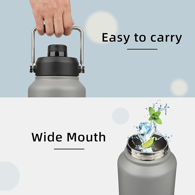 Jug with Handle,87 oz Insulated Water Bottle with Carrying Pouch, Double Wall Vacuum Stainless Steel Metal Bottle,Gray