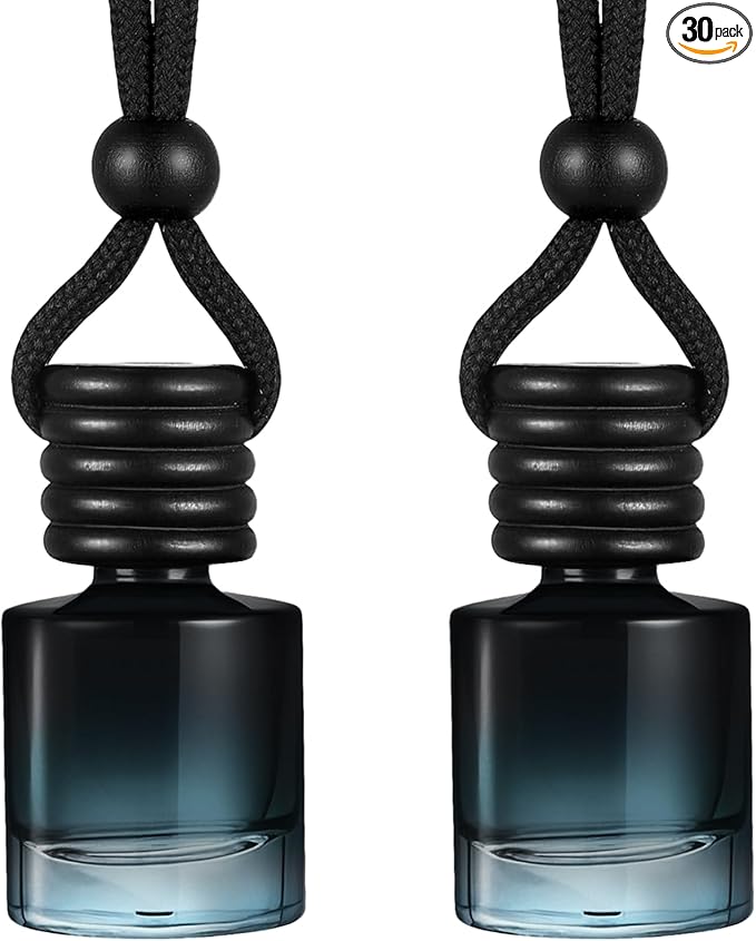 Domensi 30 Pieces Hanging Car Diffuser Air Freshener Bottle Bulk Empty Glass Refillable Perfume Bottles Oil Diffuser Aromatherapy Pendant for Auto Interior Ornaments Decor (Black)