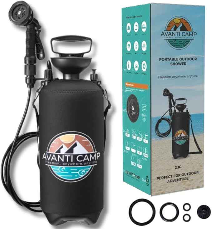 Pressurized Camping Shower (8L/2.1 Gal) – Portable Beach Shower for Surfing, Camping & Van Life – Outdoor Rinse Kit with Hand Pump & 10 Spray Modes – Portable Water Sprayer Pets & Gear | AVANTI CAMP