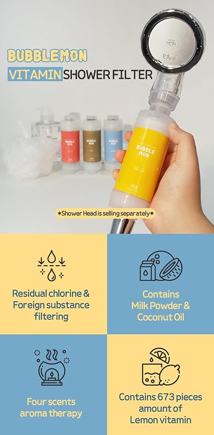 [Compatible for Any Shower Head] BUBBLEMON Vitamin C Shower Filter,Rose Scent,Made in Korea,Hard Water Softer,Chlorine Reduction,Aroma Therapy,Shower Head Filter for Skin and Hair,Easy Installation