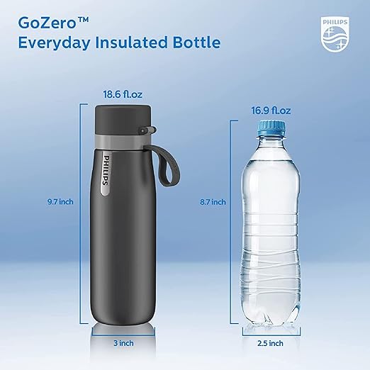 PHILIPS Water Bottle with Filter, Filter Water Bottle Stainless Steel with GoZero Everyday BPA-Free Tap Water Filter, Water Filter Bottle Keep Drink Cold 24 Hours, 3 Filters for 120 gal / 6 Months