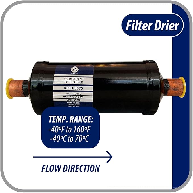 Appli Parts APFD-307S 7/8 in Liquid Line Refrigerant AC Filter Drier hvac Refrigeration 307S ODF Sweat Solder connection universal unidirectional 10-1/2 in long 3-1/4 in wide