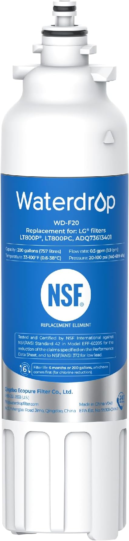Waterdrop ADQ73613401 Replacement for LG® LT800P®, ADQ73613402, ADQ73613408, ADQ75795104, Kenmore 9490, LSXS26326S, LMXC23746S, LSXS26366S, Refrigerator Water Filter, WD-F20 (Package May Vary) - AquaVibe