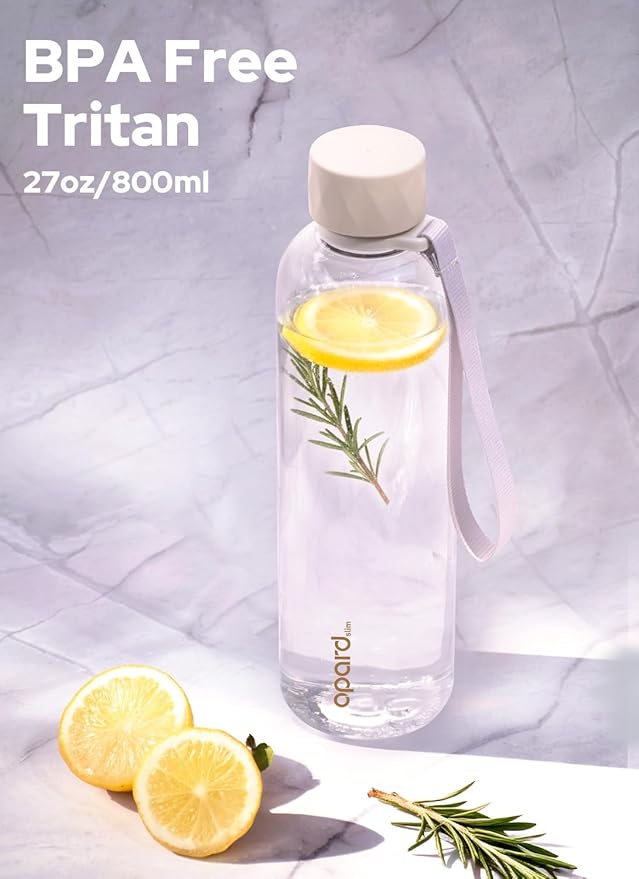 Opard Slim Pro Water Bottle 27oz, Plastic Water Bottle BPA-Free, Facetted Rubberized Grip-Texture Monocap, Leakproof Screw Top, Clear Cream, Reusable for Travel School Sport Gym Hiking