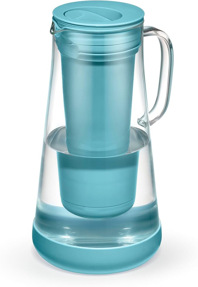 LifeStraw Home– Water Filter Pitcher, 7-Cup, Glass with Silicone Base, Juniper, for Everyday Protection Against Bacteria, Parasites, Microplastics, Lead, Mercury, PFAS and a Variety of Chemicals