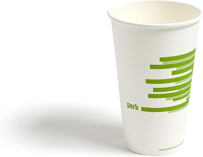 Perk Compostable Paper Hot Cups, 16 oz White/Green, Disposable Coffee Cups for Office & Catering