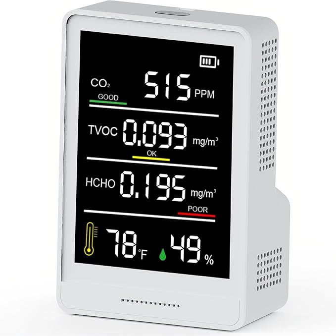 Professional Indoor Air Quality Monitor with AQI Beep Alarms, 8 in 1 Portable Real-Time Detector for CO2 | TVOC | HCHO | Temperature | Humidity for Home Cars Plants and Pets (Pearl White)