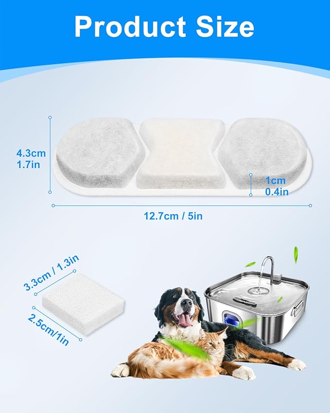 8 Pack Filter & 8 Pump Sponges Pet Water Fountain Filter Compatible with WF120 Dog Water Bowl Dispenser 410oz/3.2Gal/12L, Filters Replacement for Cat Automatic Water Fountain Stainless Steel