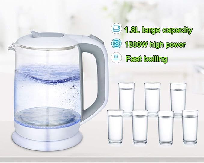 Kettles,1.8L Glass Electric Kettle,1500W Eco Water Kettle with Illuminated Led, Cordless Water Boiler with Stainless Steel Inner Lid Base