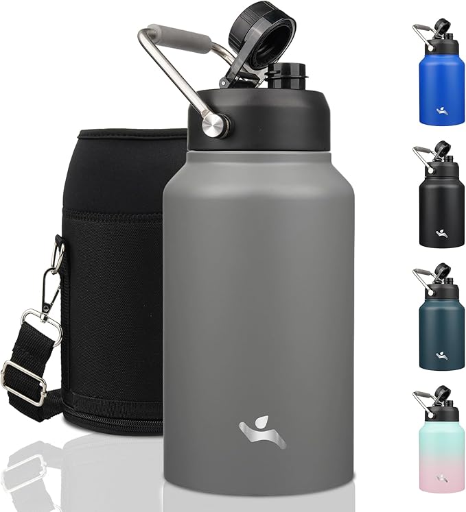 Jug with Handle,87 oz Insulated Water Bottle with Carrying Pouch, Double Wall Vacuum Stainless Steel Metal Bottle,Gray