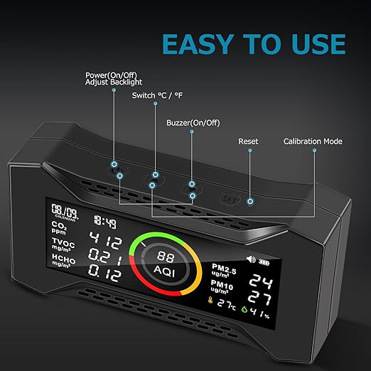 8-in-1 Air Quality Monitor, Air-Guardian AQ Portable Air Quality Tester CO2 Monitor (PM2.5, PM10, CO2, VOC, Formaldehyde, Humidity, Temp)