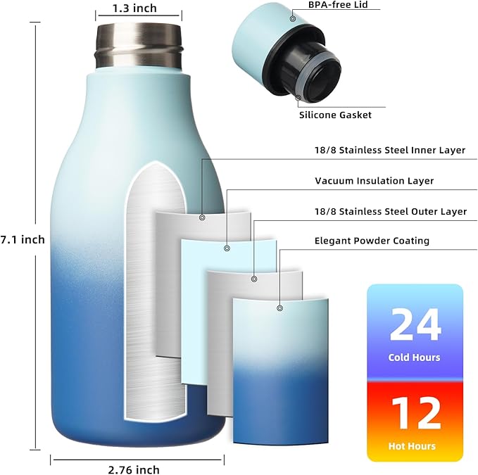 BJPKPK Insulated Water Bottles, 12oz Stainless Steel Metal Water Bottle with Strap, BPA Free Leak Proof Jugs, Mugs, Flasks, Reusable Thermal Flasks for Sports & Travel, Sky