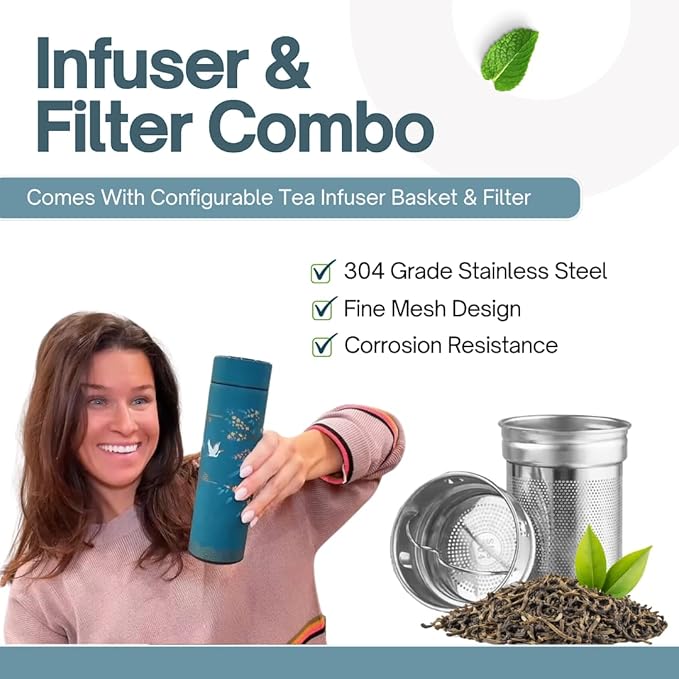Farasi Tea Infuser for Loose Leaf Tea Smart Water Bottle with Fahrenheit Temperature Display, Stainless Steel Insulated Coffee and Fruit Tea Infuser Bottle - Floral Travel Tea Mugs 15 oz (Black)