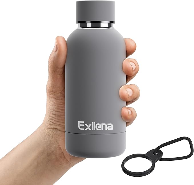 Exllena Small Water Bottle 12oz with Clip, Double Wall Stainless Steel Vacuum Small Insulated Water Bottle Keeps Drinks Cold 24 Hrs/Hot 12 Hrs for Kids Handbag School BPA Free (Grey)