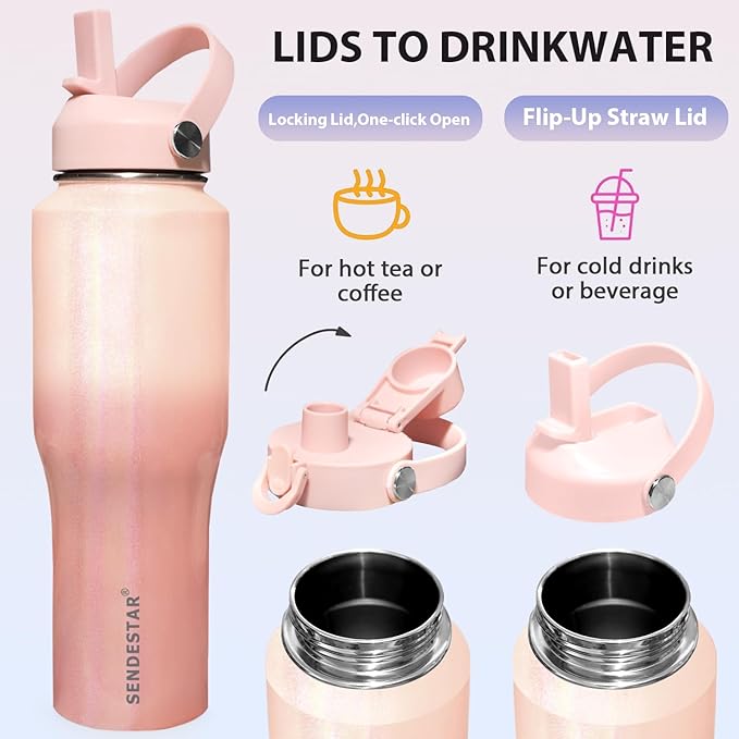 SENDESTAR Water Bottle,Wide Mouth Stainless Steel Vacuum Insulated Double Wall Keep Liquids Cold or Hot All Day,Sweat Proof Sport Design,Fit Car Cup Holder,Buling Pink Gradient,40 Ounces