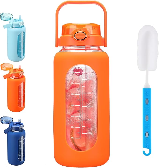 SIEROZUR 64 oz Glass Water Bottle with Straw and Handle Lid Half Gallon Motivational Glass Bottle with Silicone Sleeve and Time Marker Large Reusable Sports Water Jug for Gym Home Workout