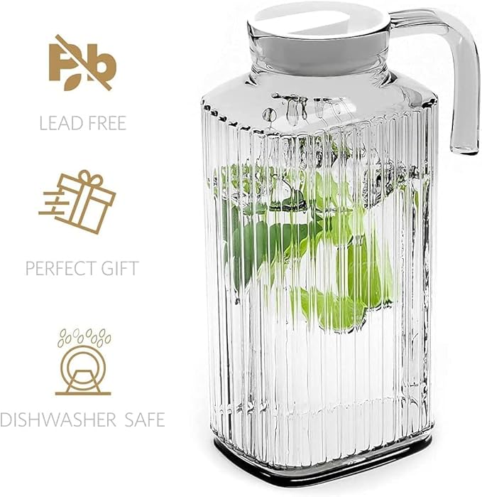 Home Essentials & Beyond Fridge Pitcher Set of 2 - 60 OZ. Glass Water Pitcher With Lid, Practical and Easy to Use, Great for Lemonade, Iced Tea, Milk, Cocktails and More Beverages