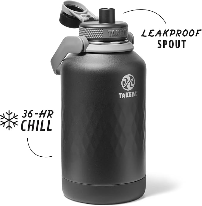 Takeya Sport 64 oz Triple-Insulated Stainless Steel Water Bottle, Spout Lid – Leakproof, Sweatproof, BPA-Free, Keeps Drinks Cold 36 Hrs, Hot 14 Hrs – Obsidian