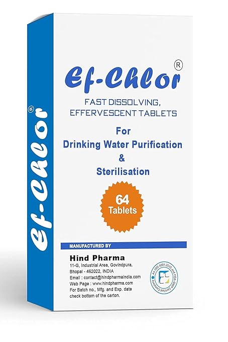Ef-Chlor Water Purification 64 Tablets - 400mg Portable Drinking Water Purification & Sterilization Tablet Ideal for Emergencies Survival Purifies 26.4 Gallons - 39.62 Gallons in 1 Tablet