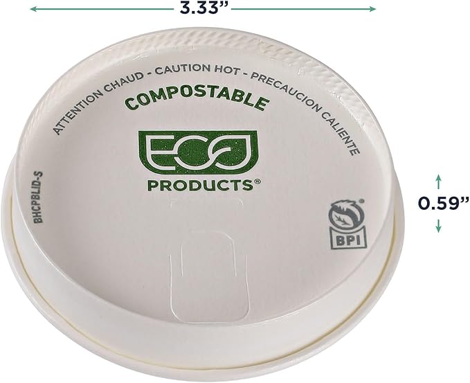 Eco-Products Compostable Paper Coffee Cup Lids, Case of 1000, White GreenStripe Tops, Fits 8oz Hot Cups, Lined With PLA, A Renewable Material Made from Plants, ASTM, BPI-Certified