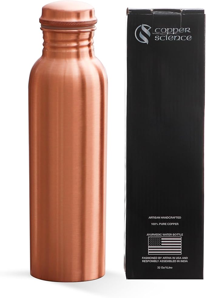 Pure Copper Water Bottle – 34Oz (1000 ml) – Handcrafted Smooth Finish Design, Leak-Proof – 100% Pure Copper Ayurvedic Metal Water Bottle for Benefits & Wellness